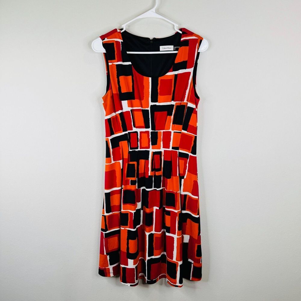 Calvin Klein Dress‎ Womens Size 8 Orange Pink Geometric Shift Sleeveless Office